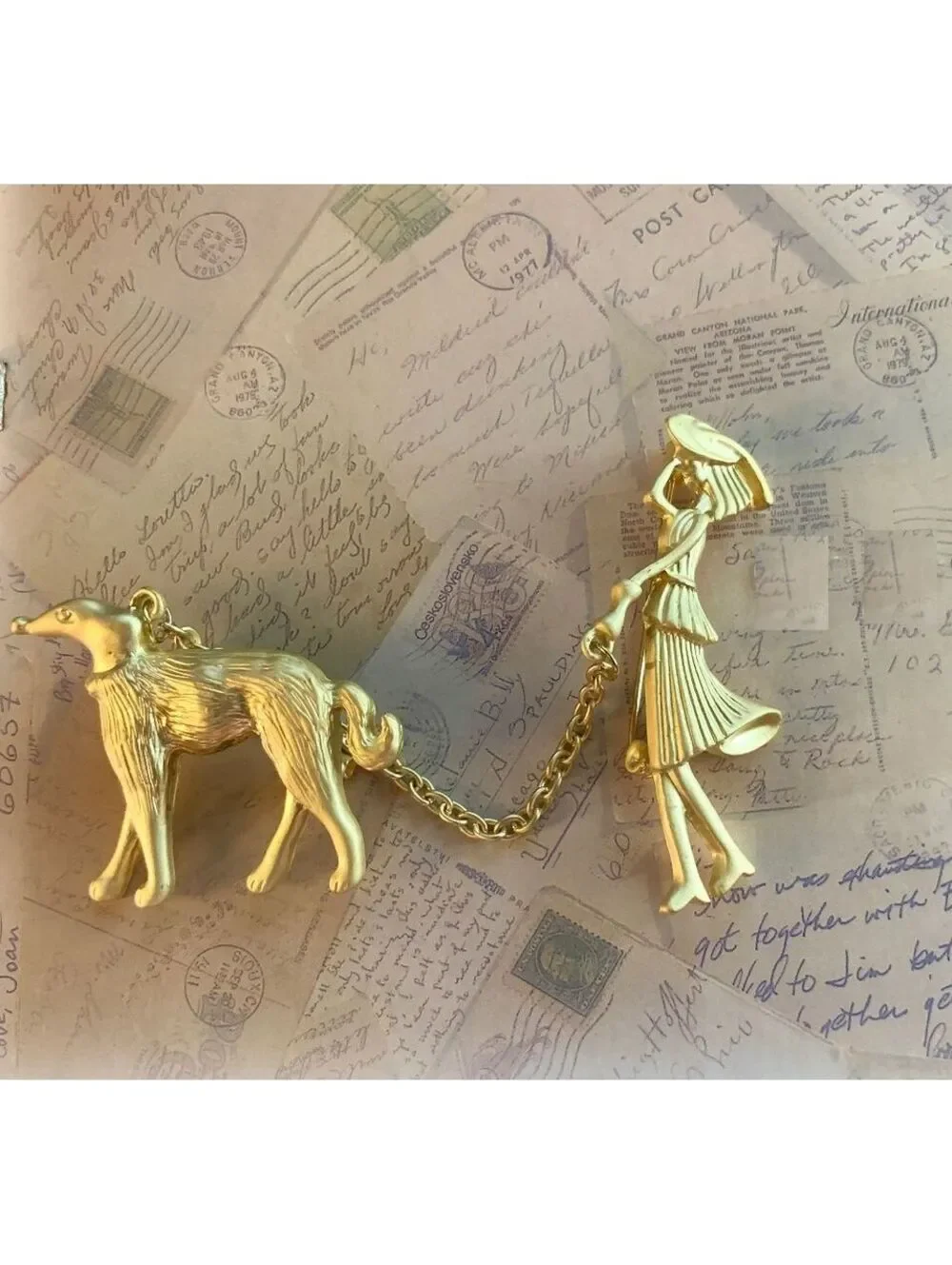 Charming Gold-Tone Dachshund and Goat Chain Brooch Pin Duo